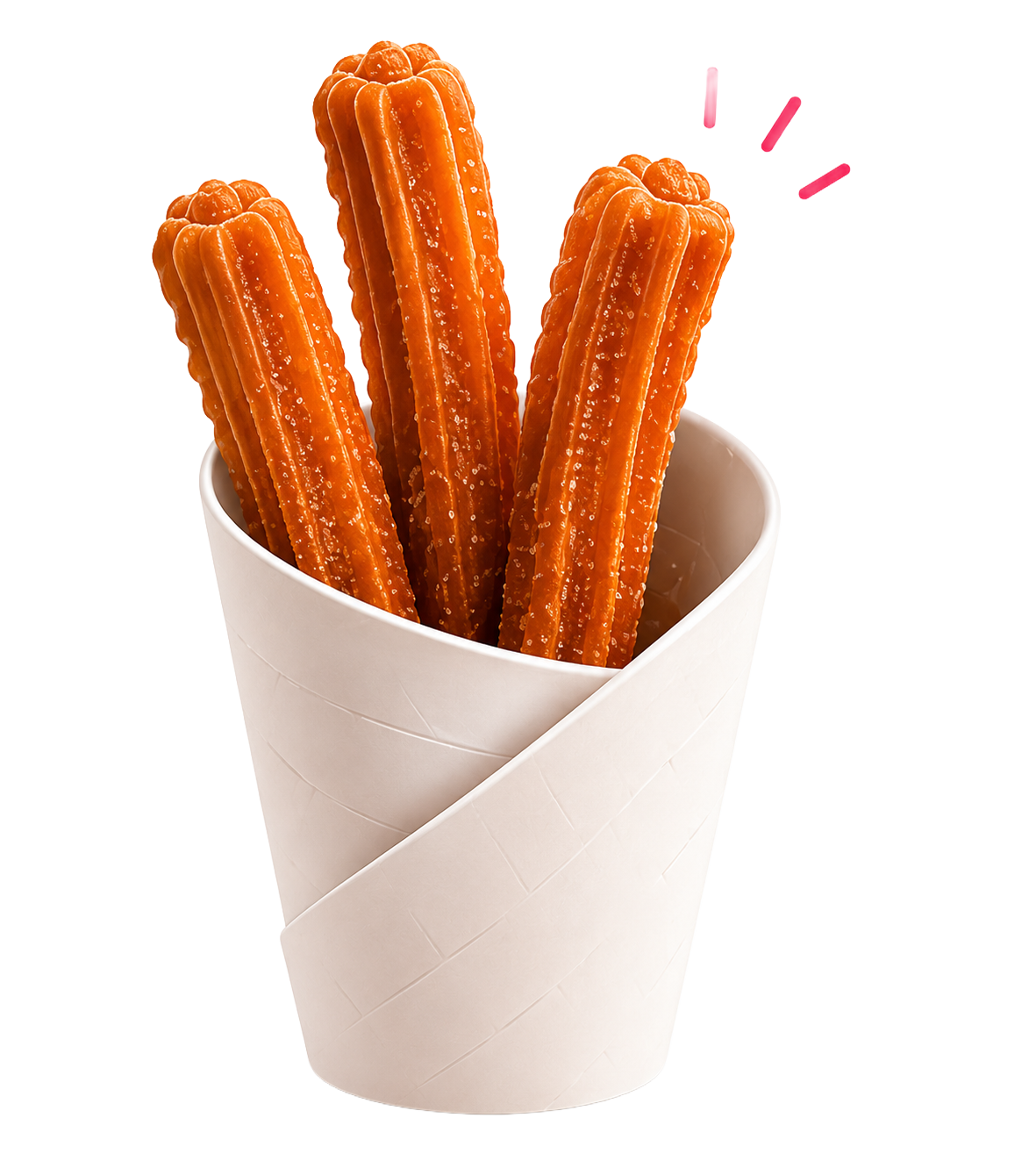 Un vaso de papel con tres churros