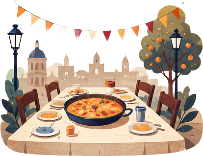 Una comida de comisión al aire libre: la paella en la mesa larga, con el perfil de la ciudad al fondo